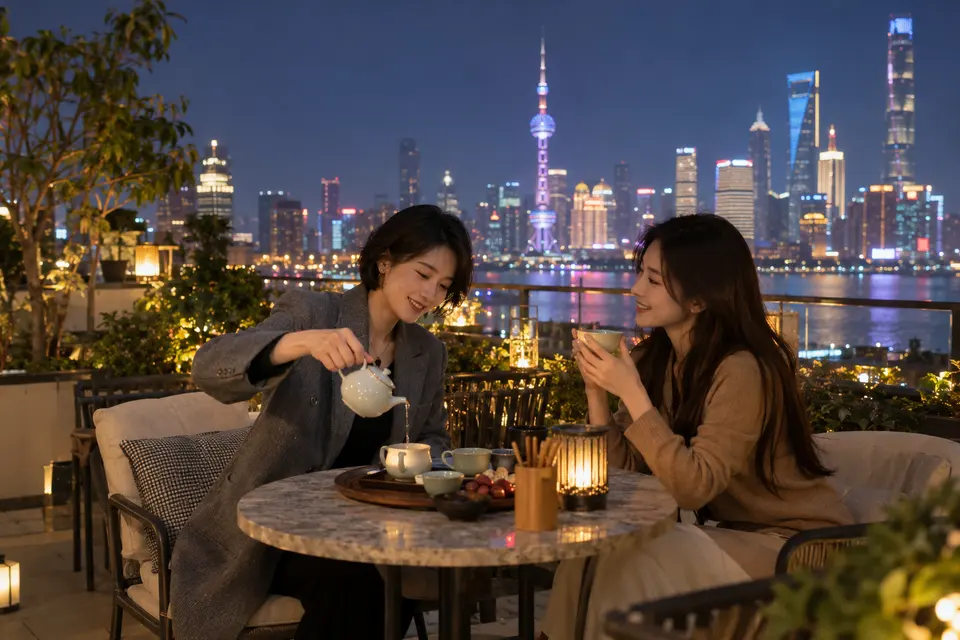 屋顶露台的夜茶交流场景，朋友围坐倒茶