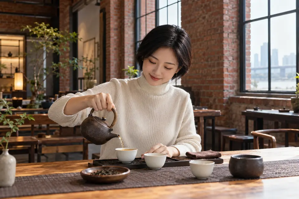 红砖改造空间中的茶席，陶壶倒茶的特写
