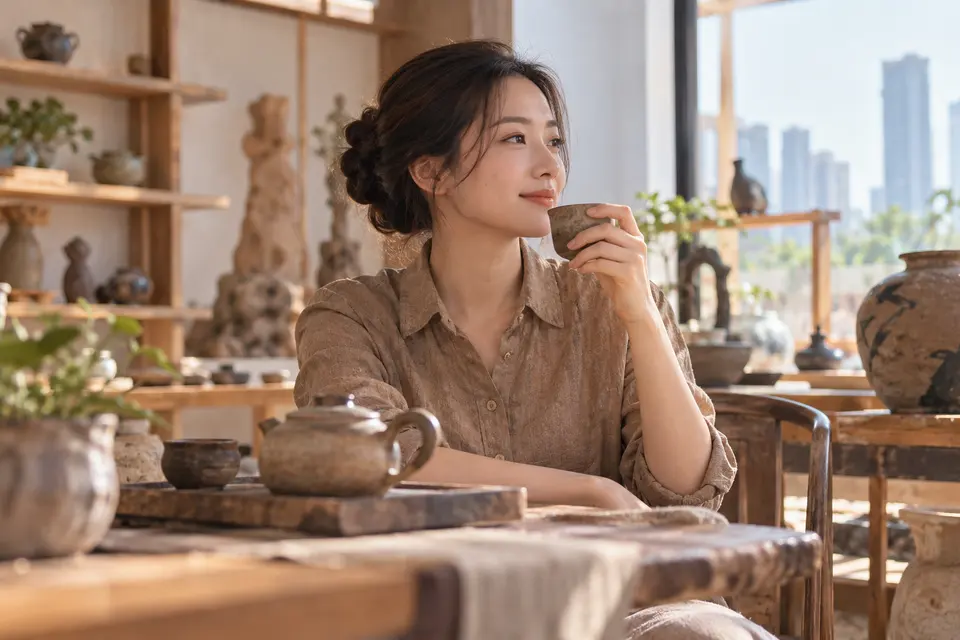 陶艺茶器与茶杯陈列，适合搭配茶器的礼赠方向