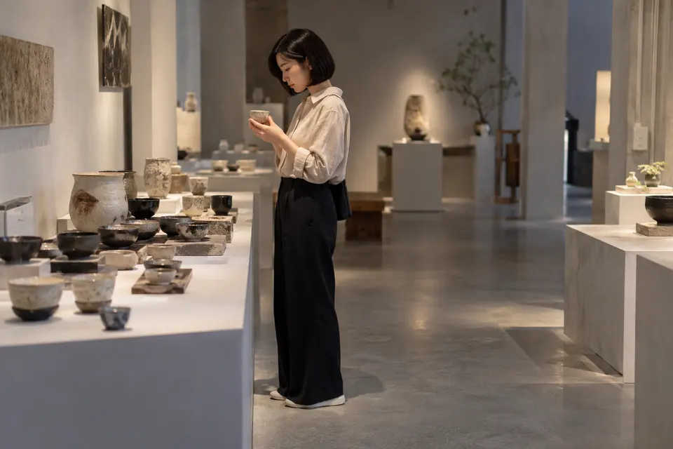 陶瓷茶器展览与品饮场景，陈列与品饮并置