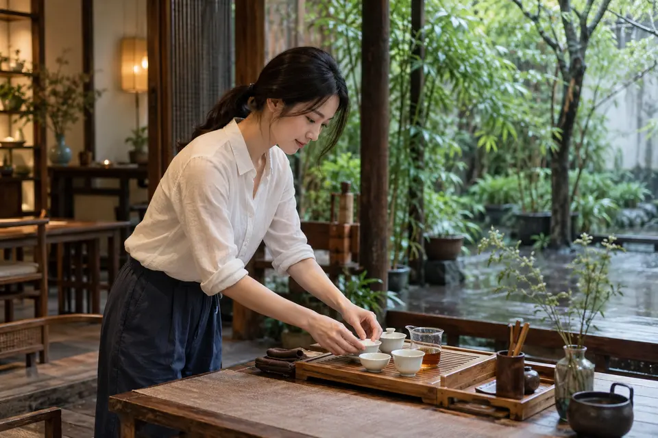 庭院茶席布置，竹制茶具与盖碗陈列