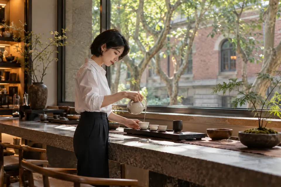 都市梧桐街区茶室内的倒茶场景，白瓷茶具与自然光